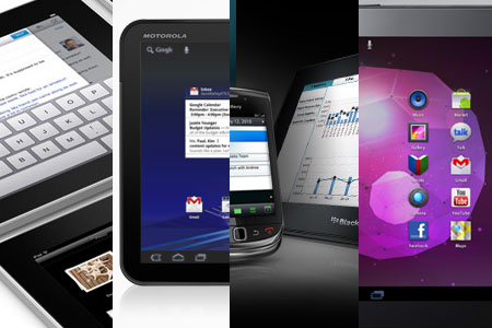 De izquierda a derecha, los tablets en el mercado: iPad de Apple, Xoom de Motorola, Playbook de RIM y Galaxy Tab de Samsung