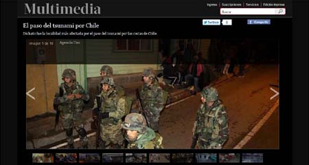 Imagen de LaTercera.com que muestra a soldados patrullando en Dichato en la noche en que se esperaba el tsunami.